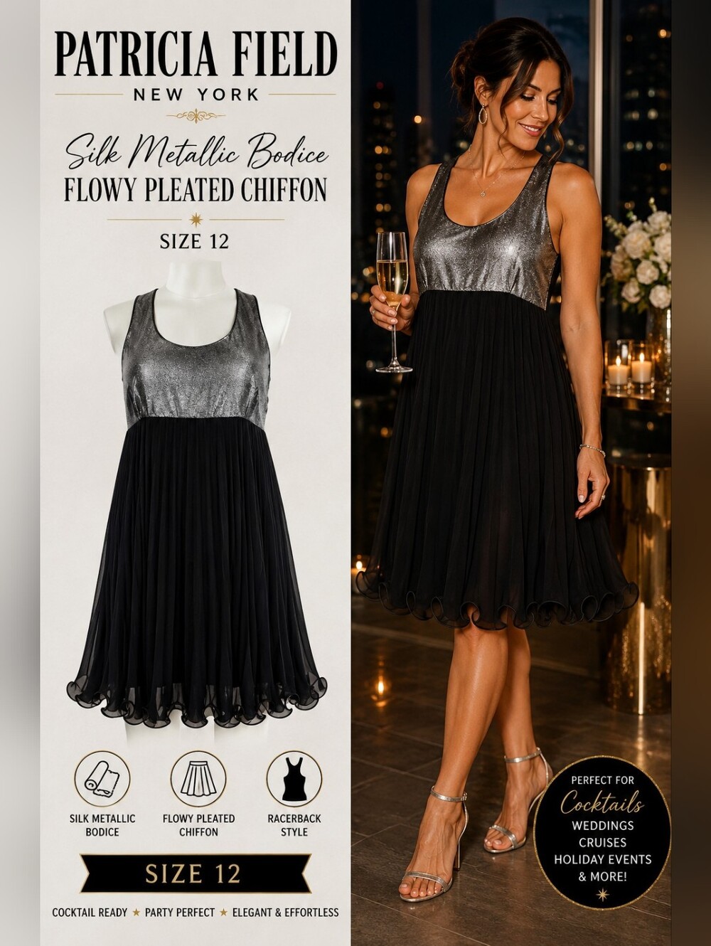Patricia Field NY Silk Metallic Pleated Dress 12 Cocktail Party NYE Glam